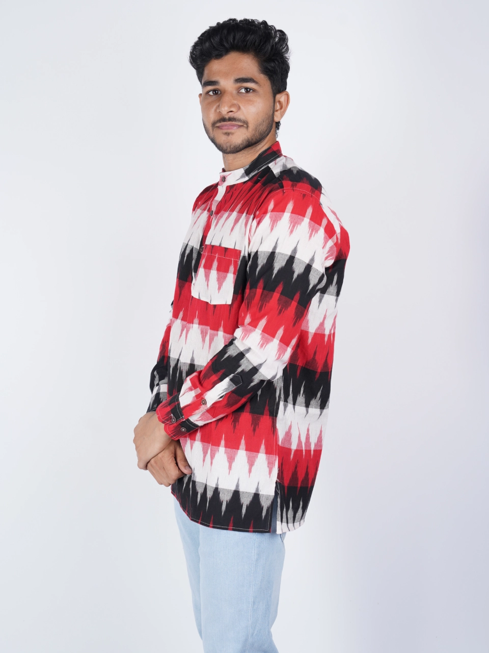 Ikat Cotton Short Kurta Red, Black & White Geometric Ethnic Wear