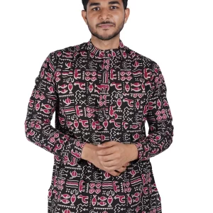 Men’s Handcrafted Kalamkari Cotton Short Kurta Black & Maroon Traditional Wear