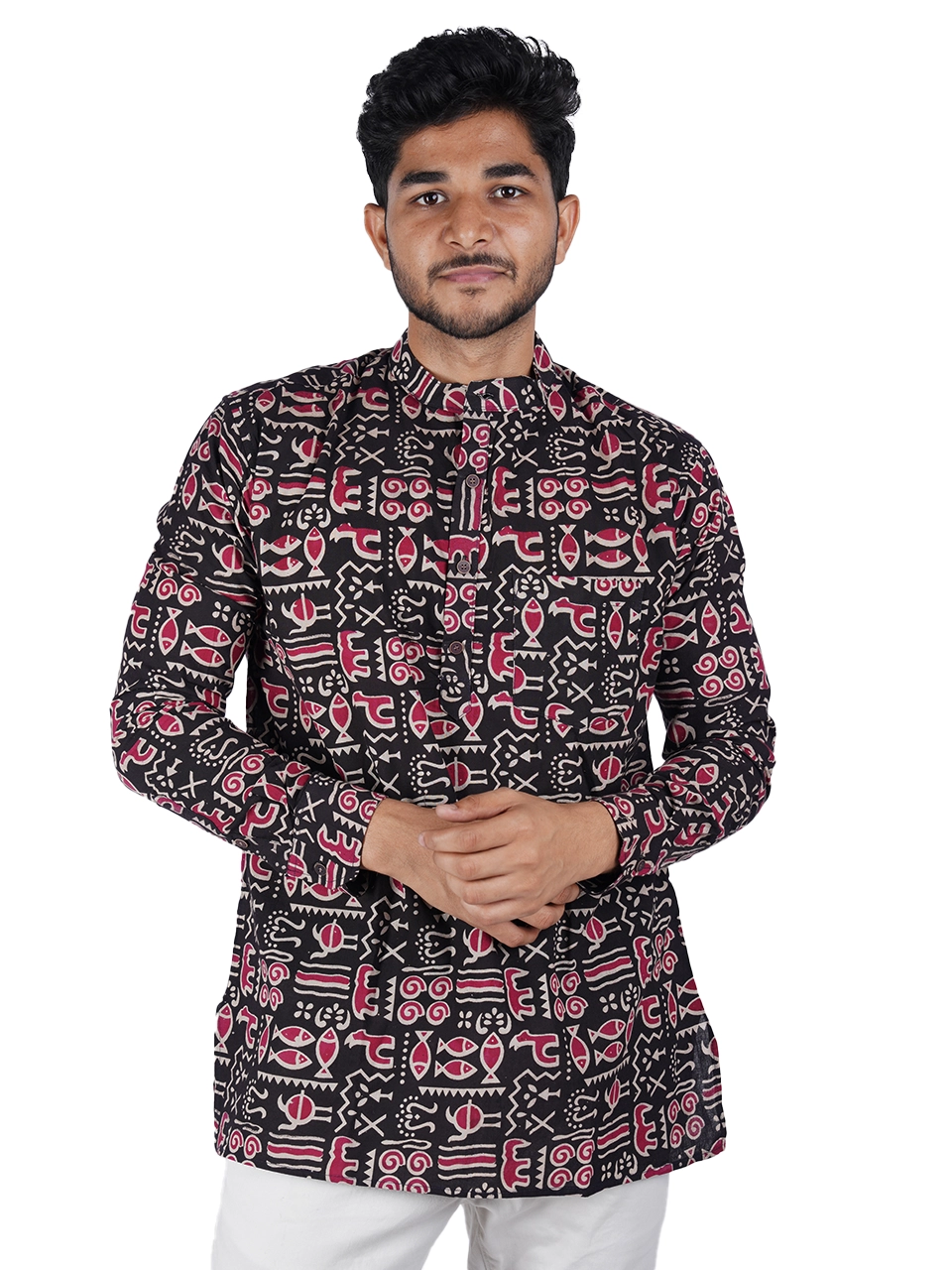 Men’s Handcrafted Kalamkari Cotton Short Kurta Black & Maroon Traditional Wear