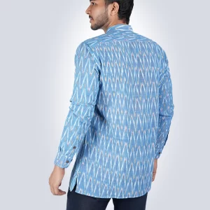 Men’s Handwoven Ikat Cotton Kurta Carolina Blue, Full Sleeves, Traditional Ethnic Wear for Festivals & Casual Events - Image 2