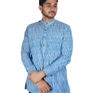 Men’s Handwoven Ikat Cotton, Full sleeve, Short Kurta, Carolina Blue color with Red Yellow and White pattern, Ethnic Wear