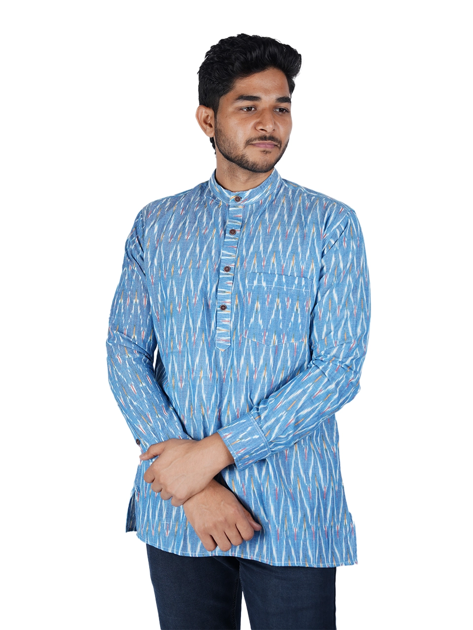 Men’s Handwoven Ikat Cotton, Full sleeve, Short Kurta, Carolina Blue color with Red Yellow and White pattern, Ethnic Wear
