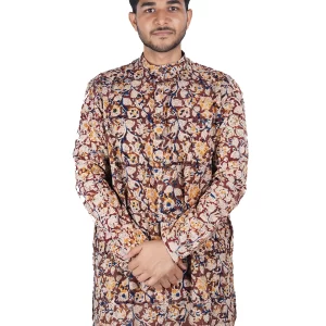 Men’s Handcrafted Kalamkari Cotton Long Kurta Maroon with Beige & Yellow Floral Print Traditional Wear - Image 2