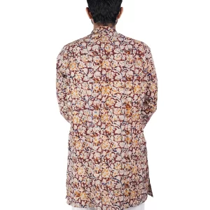 Men’s Handcrafted Kalamkari Cotton Long Kurta Maroon with Beige & Yellow Floral Print Traditional Wear - Image 3