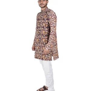 Men’s Handcrafted Kalamkari Cotton Long Kurta Maroon with Beige & Yellow Floral Print Traditional Wear - Image 4