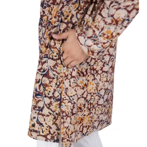 Men’s Handcrafted Kalamkari Cotton Long Kurta Maroon with Beige & Yellow Floral Print Traditional Wear - Image 5